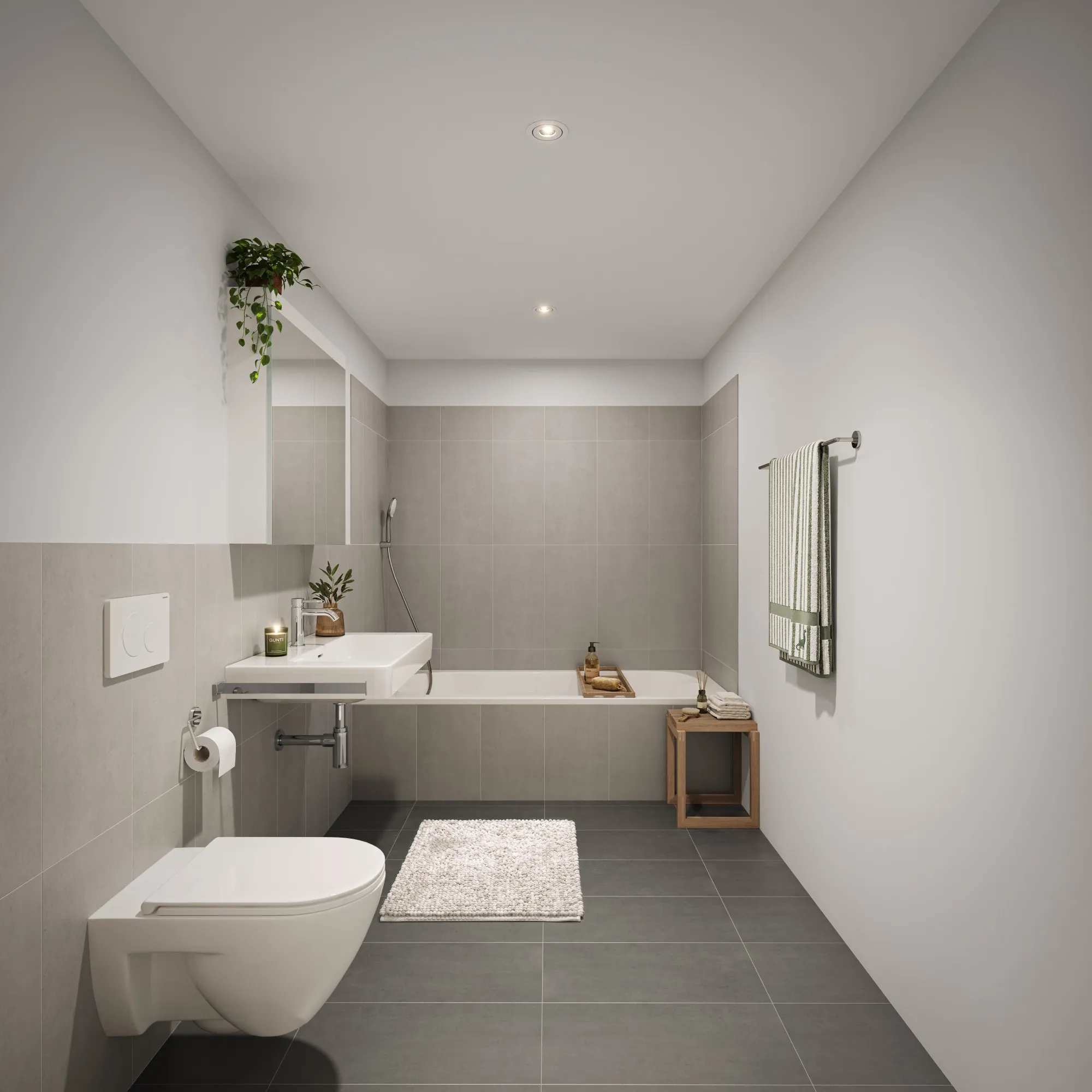 Nasszelle mit Badewanne, Dusche, Wand-WC und Spiegelschrank