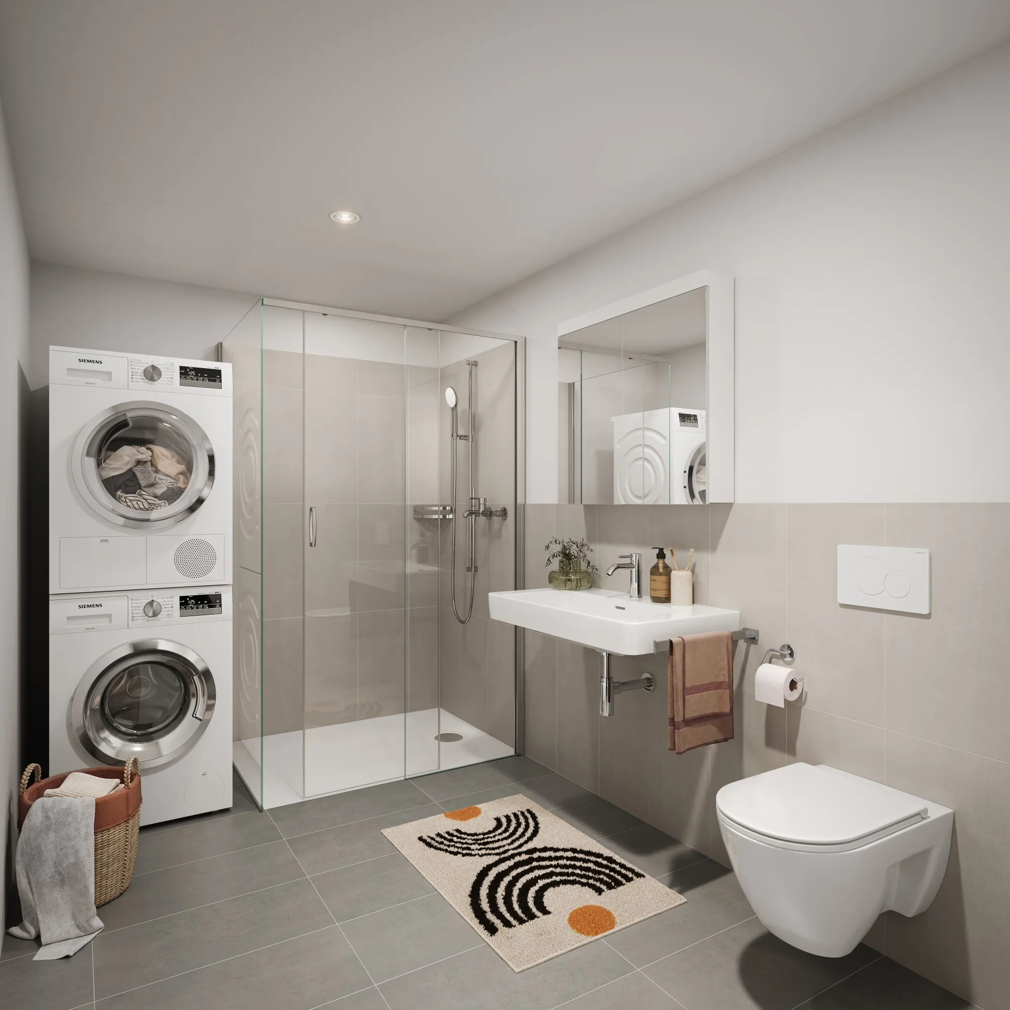 Nasszelle mit bodenebener Dusche hinter Glastrennwand, Waschturm, Doppelspiegelschrank und Wand-WC