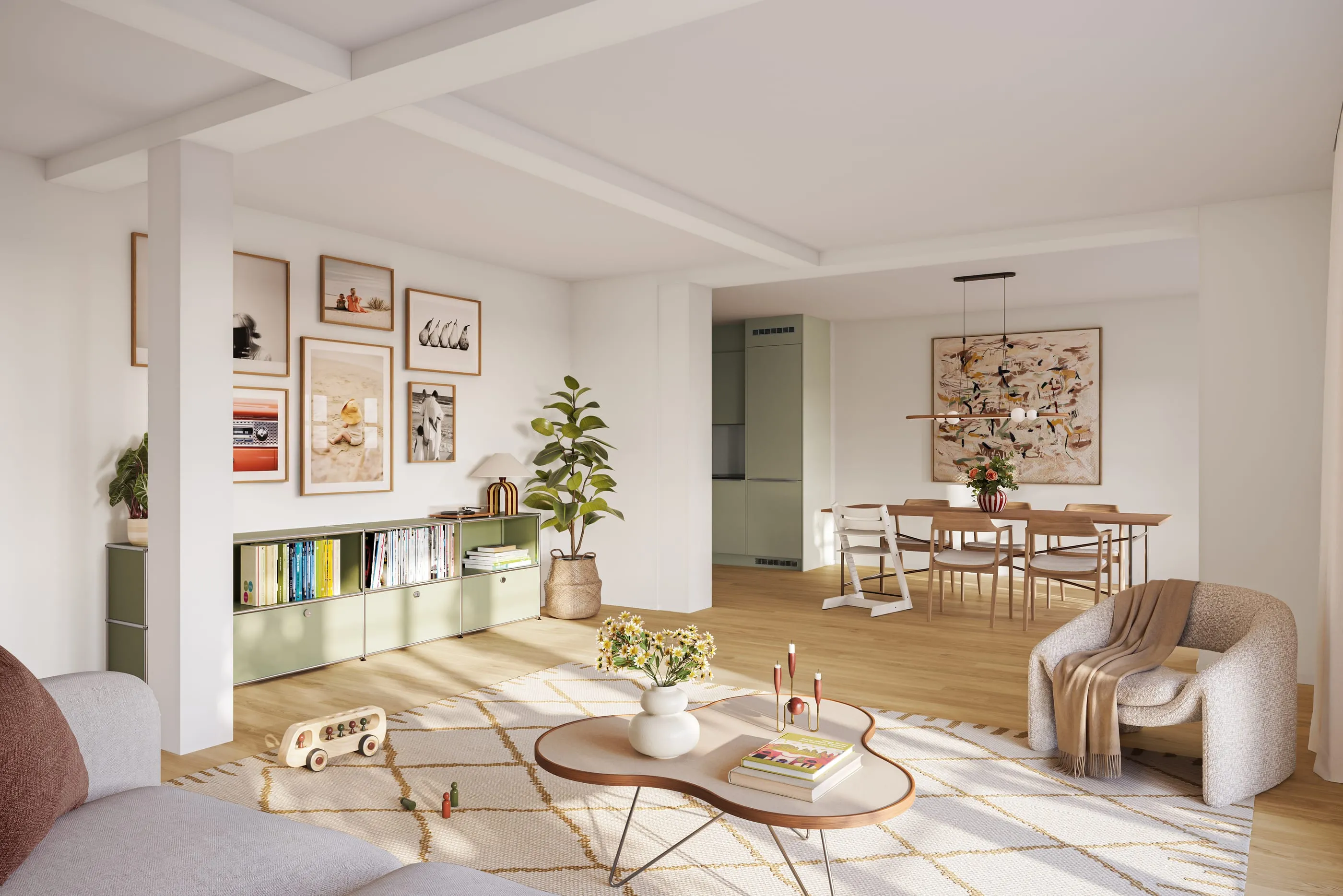 Wohnraum im Erdgeschoss mit Bilderwand