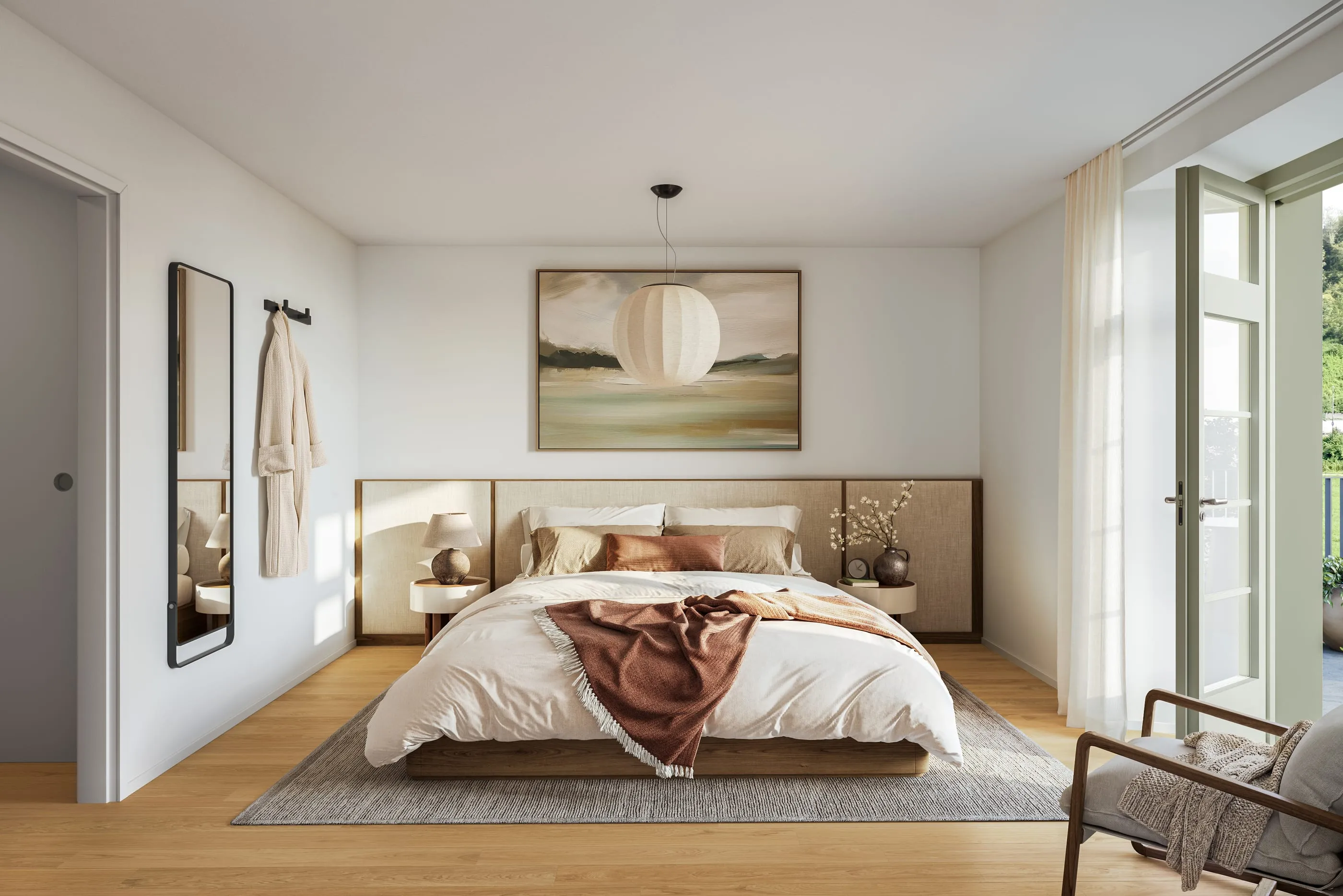 Schlafzimmer im 2. Obergeschoss mit Blick zur Terrasse