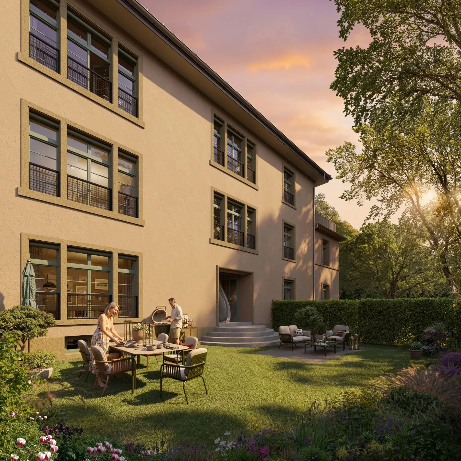 Gartensitzplatz mit Grill und Essplatz im Abendlicht