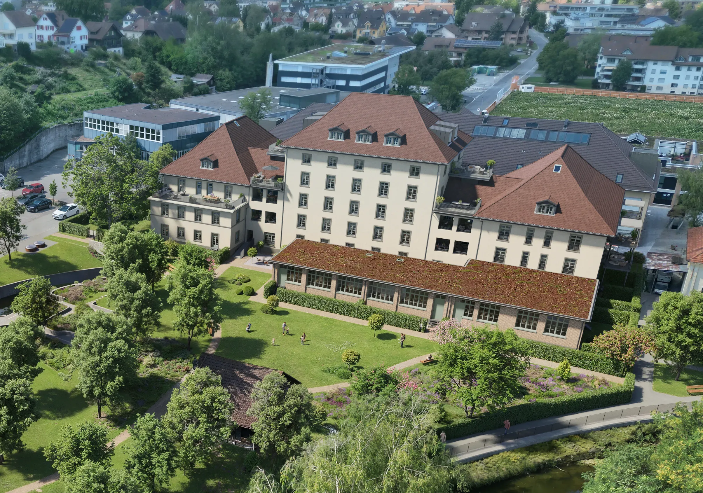 Luftaufnahme des Walzmühle-Areals mit Privatpark an der Murg